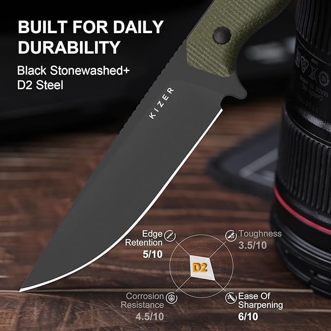 Kizer Begleiter Fix Fixed Blade Knife, 3.78" Drop Point D2 Blade Hunting Knives with Kydex Sheath, Green Micarta Handle EDC Knife for Camping Hunting Survival 1045MD3