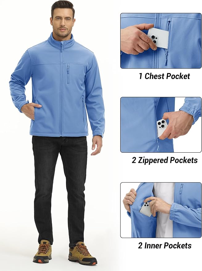 TACVASEN Men's Lightweight Softshell Jacket Fleece Lined Waterproof Tactical Rain Zip Up Winter Coat Windbreaker Casual