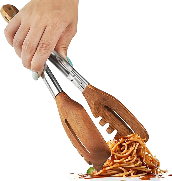 3-in-1 Kitchen Tongs & Pasta Server – 12 Inch Walnut Multifunction Tongs with Slotted Forked & Flat Tips for Pasta, Salad, Grilling and More – Elegant, Heat-Resistant Food Tongs for Home Cooks & Chefs