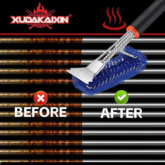 Grill Brush and Scraper, Safe Nylon Bristles Barbecue Triple Scrubbers Cleaning Brush for Cast Iron Grates/Porcelain/Weber Gas/Charcoal Grill,Extra Strong BBQ Cleaner Accessories (Blue)