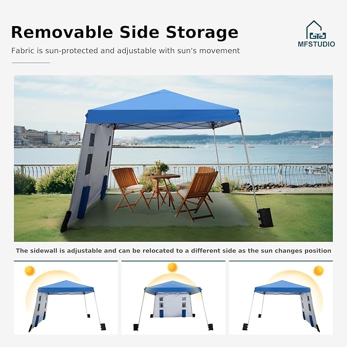 MFSTUDIO Pop Up Canopy Tent,12x12 ft Footprint and 9x9 ft at top Canopies with 1 Sidewall, Gazebo Shelter Sun Shade Waterproof Patio Popup Tents 4 Sandbag,Blue
