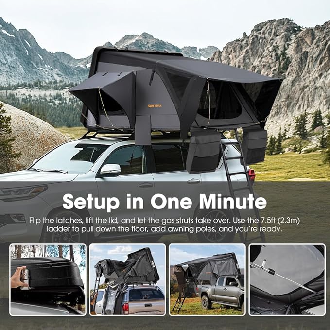 Sanhima Rooftop Tent Hard Shell - Jervis Overland Aluminium ABS Roof Top Tent w/Stargaze Window & LED Strip Light for Car SUV Truck Camping, 2-3 People
