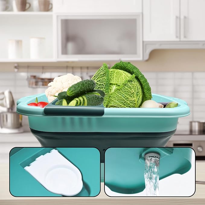 Collapsible Dish Basin,11.5L(3 Gallon) Collapsible Dish Tub with Drain Plug,Space Saving Multi-Purpose Vegetable Washing Basket,Portable Sink for Kitchen,RV(Green)