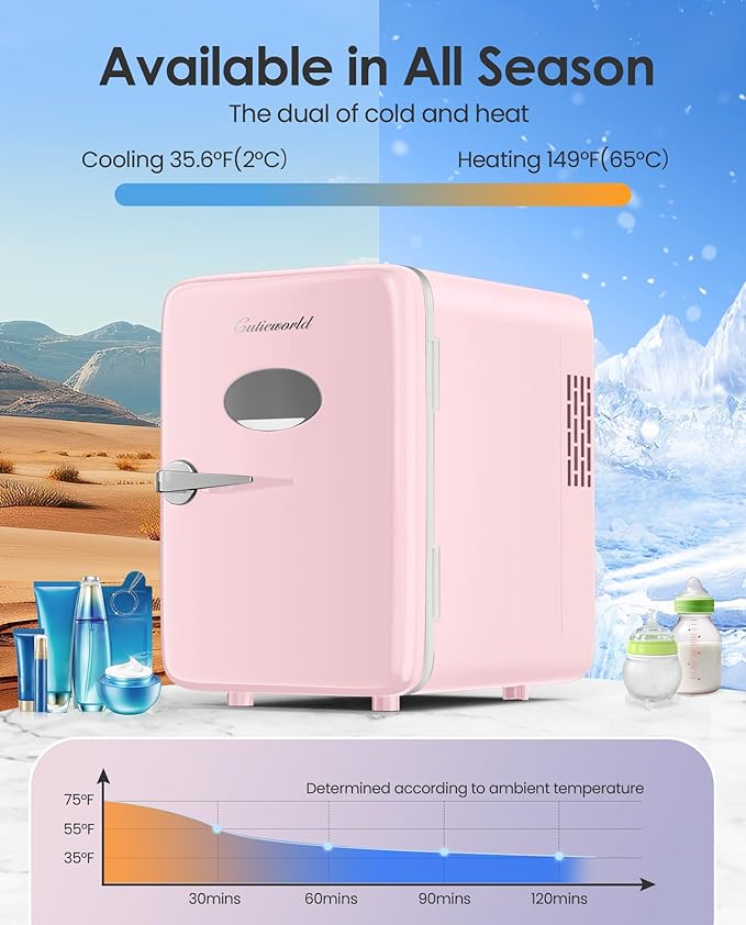 Skincare Fridge - 4L Makeup Fridge for Refrigerating Makeup, Skincare and Food, Mini Fridge for Bedroom, Office and Car, Cooler and Warmer, Beverage Cooler, Leather Pink