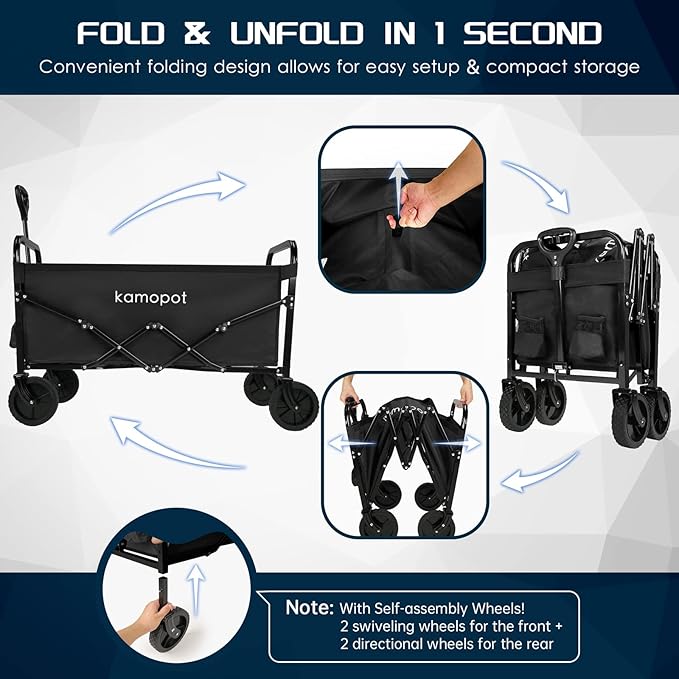 Large Collapsible Wagon Foldable for Grocery, Beach, Park, Yard, 34 x 18 Inch Inner Storage. Folding Utility Shopping Cart on Wheels. Heavy Duty, Durable w/Cupholders (Black)