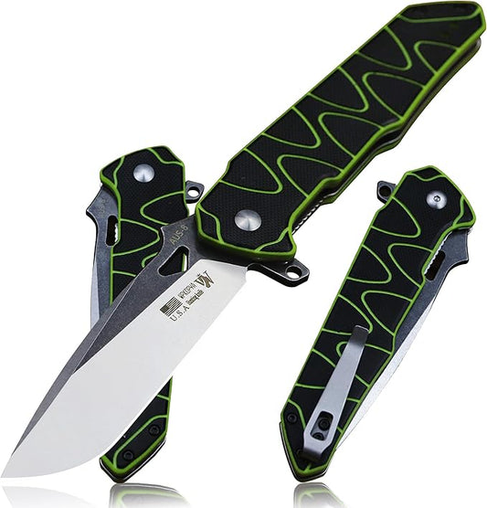 8.4in Folding Knife AUS-8 Steel Blade, G10 Handle with Anti-Slip Texture, Ball Bearing Pivot, Stonewashed Finish, EDC Pocket Knife for Camping, Hiking, Survival (AUS-8 (G10 black/green))