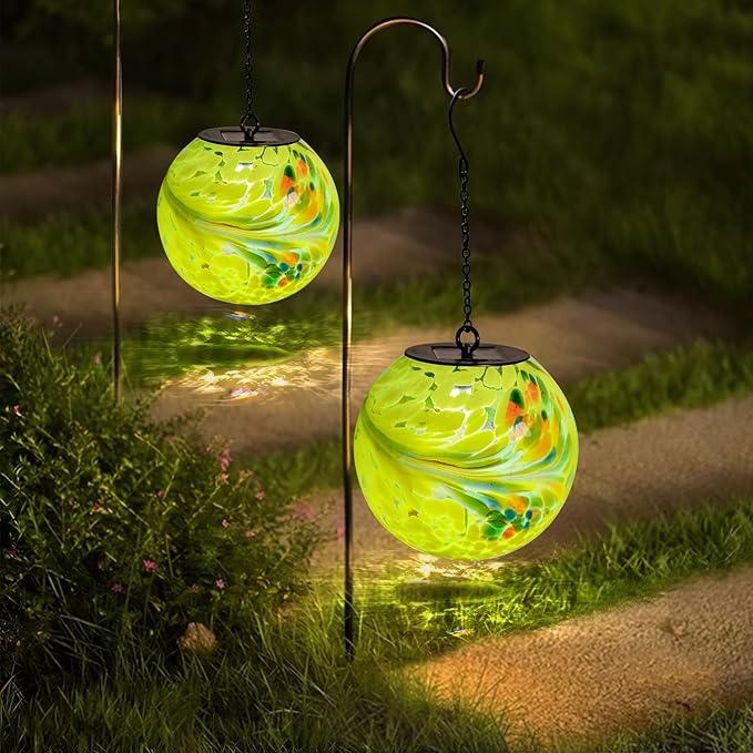 Solar Hanging Lanterns Outdoor Solar Glaze Glass Lantern Gazing Ball Globe Hanging Outdoor Lights for Garden Yard Home Decoration Yellow