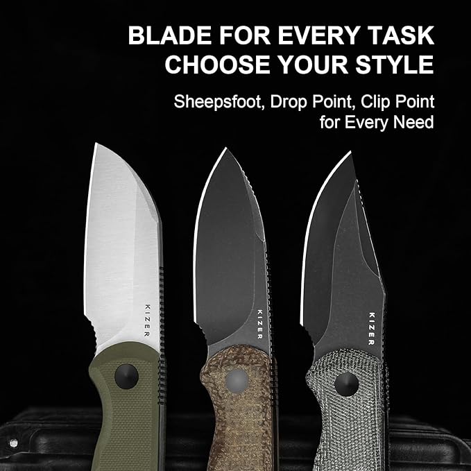 Kizer Drop Bear Fixed Blade Knife, 2.6" AEB-L Black Stonewash Blade EDC Camping Knife with Black Micarta Handle & Hidden Tools, Full Tang Hunting Survival Knives with Adjustable Kydex Sheath, 1092A1