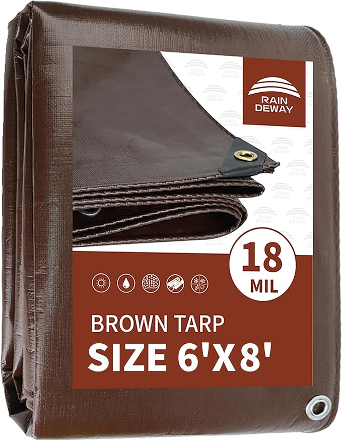 RAINDEWAY 6x8 Feet Super Heavy Duty Tarp 18 Mil,Small Tarps UV Resistant, Weatherproof, Multipurpose Waterproof Poly Tarp Cover with Grommets and Reinforced Edges,Brown Tarps