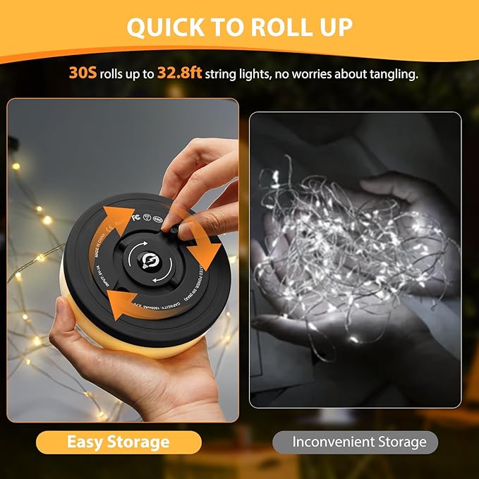 Camping String Lights, 4 in 1 Quick Storage Camping Essentials Gear 32.8FT Rechargeable Tent Lights with 9 Modes Warm +RGB Waterproof Camp Lamp for Camping Hiking Patio Garden Halloween Xmas Decor