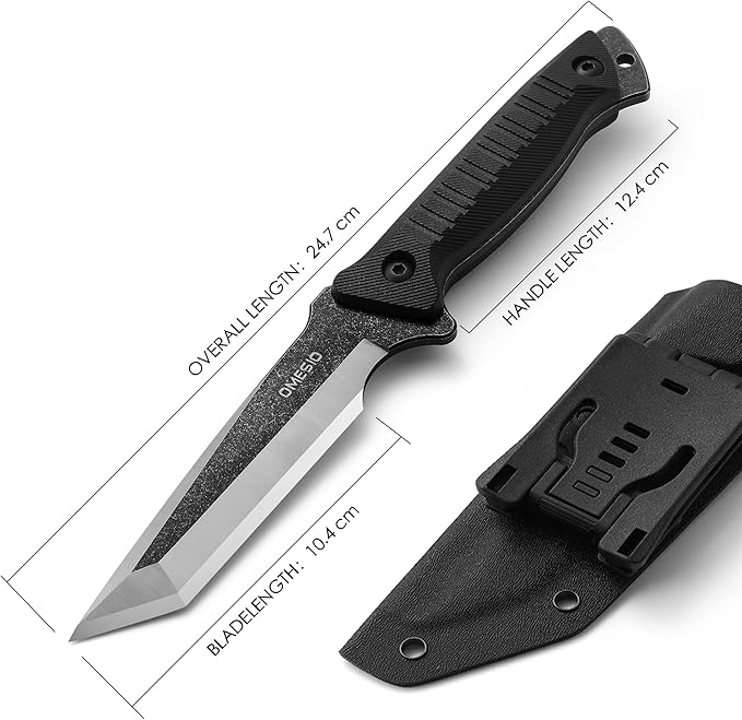Omesio Tanto Fixed Blade Knife with Kydex Sheath, Outdoor Survival Knife, Tactical Knife Full Tang 420 Stonewashed Steel G10 Handle, Camping Hiking Gifts for Men (Black)