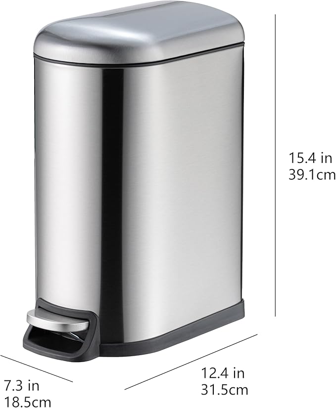 Amazon Basics D-Shaped Small Trash Can with Lid and Soft-Close Foot Pedal for Bathroom, Bedroom, Living Room, Office, Smudge Resistant, 10 l / 2.6 gallon, Silver