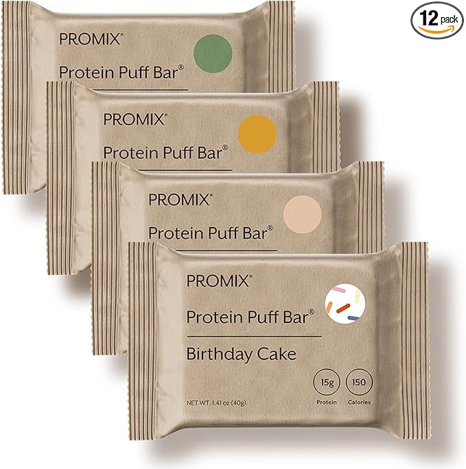 ProMix Nutrition Protein Puff Bars - Variety Pack - Birthday Cake, Snickerdoodle, Banana Bread, Mint Chocolate - Marshmallow Crispy Treat - High Protein & Low Calorie - 12 Bars