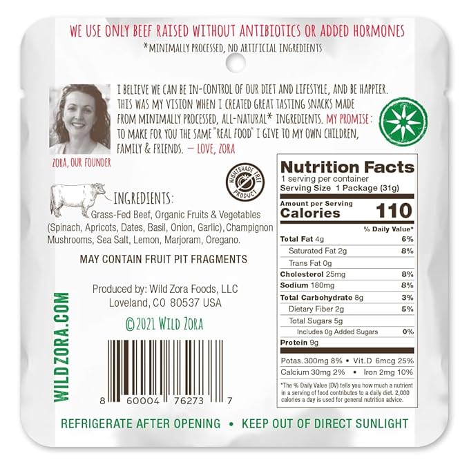 Wild Zora Meat & Veggie Bars, Variety 5-Pack, Natural Pork, Beef, Lamb, & Turkey Jerky Snacks, Healthy Paleo Snacks, AIP Friendly Options, Gluten Free, Soy Free, High Protein, No Added Sweetener
