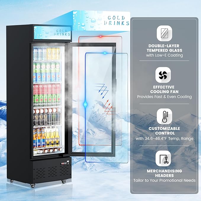 Glass Door Refrigerator Commercial Beverage Refrigerators with LED Light, 11 Cu.ft and 5 Shelves, Display Refrigerator for Cafe Restaurant Store Bar