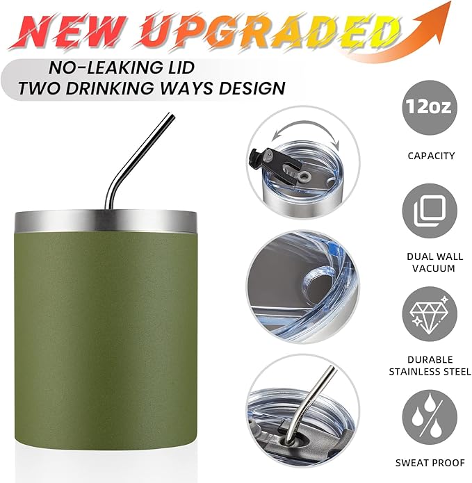 MEWAY 12 oz Lowball, Tumbler Stainless Steel Double Wall Vacuum Insulated Mug with Straw and Lid, Cleaning Brush ,Durable Powder Coated Insulated Coffee Cup for Cold & Hot Drinks (Army Green,1 Pack)