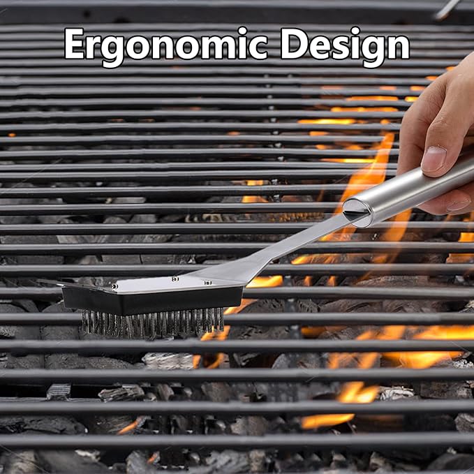 16.5” Grill Brush and Scraper with 2 Brush Replacements & 1 Screwdriver, Wire BBQ Grill Brush for Outdoor Grill, 304 Stainless Steel Cleaning Brush BBQ Grill Accessories