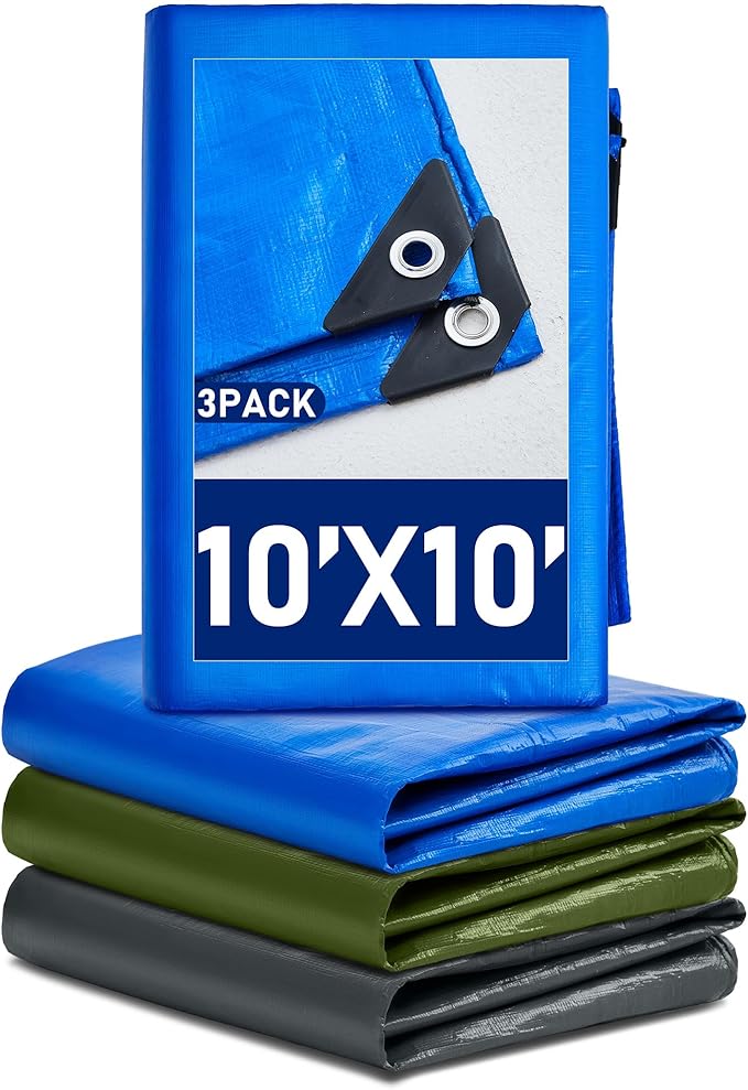 3 Pcs Large Waterproof Tarp 10 x 10 ft Heavy Duty 5.5 Mil Thick Poly Tarpaulin with Grommets Multipurpose Protective Cover for Summer Home Boats Cars Camping Rv Pool Tent