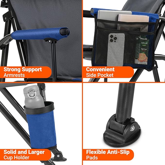Overmont Back Support Camping Chair for Adults - Oversized with Adjustable High Backrest - Heavy Duty Folding Chair Supports 500 LBS - Cup Holder & Side Pocket – Perfect for Outdoor, Lawn, Beach Blue