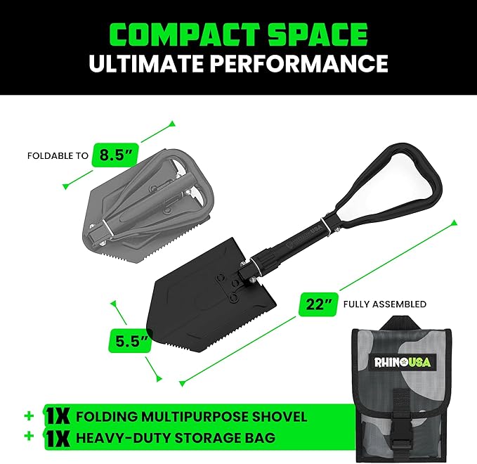 RHINO USA Folding Survival Shovel w/Pick - Heavy Duty Carbon Steel Military Style Entrenching Tool for Off Road, Camping, Gardening, Beach, Digging Dirt, Sand, Mud & Snow.