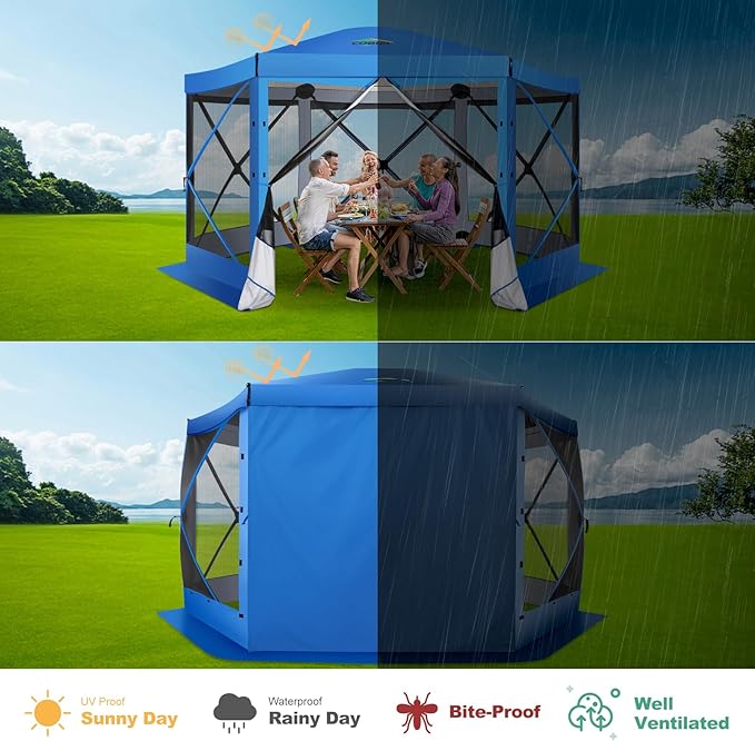 COBIZI 12x12 Pop up Gazebo Screen House Tent for Camping, Outdoor Canopy with Removable Roof & Mosquito Netting, Portable Hub with Carrying Bag and Ground Stakes, Blue