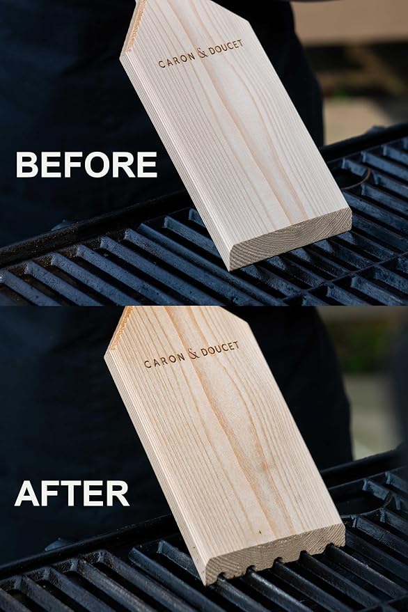 CARON & DOUCET BBQ Grill Cleaner Oil (8oz) & Natural Red Cedar Wood BBQ Grill Scraper Bundle – Wire Bristle Free, Safe Tool for Gas & Charcoal Grates