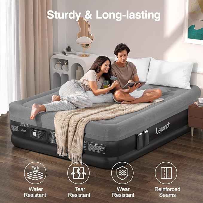 Queen Air Mattress with Built in Pump,16" Deluxe Blow Up Mattress Airbed, Comfy Self Inflating Air Mattress, 3Min Fast Inflatable Mattress for Camping, Home, Guests, Travel(661lb MAX), Gray