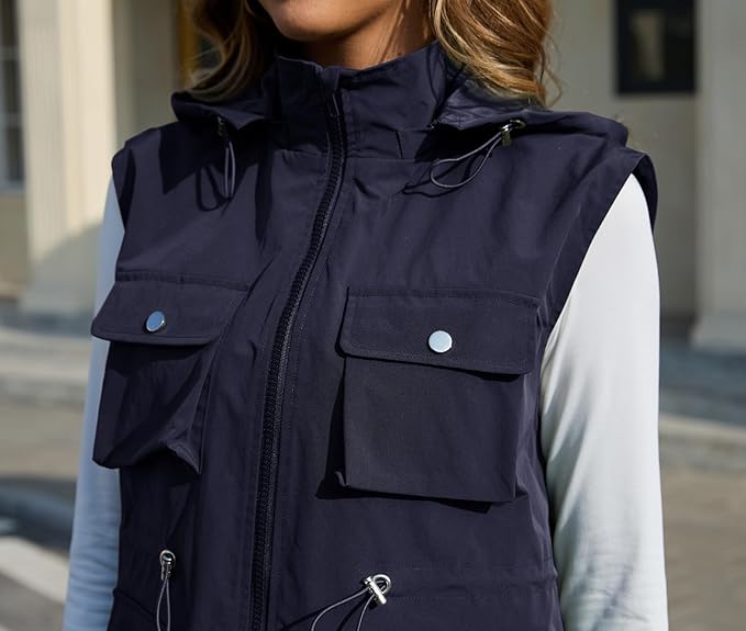 PESION Womens Packable Military Utility Vests Outerwear Waterproof Windbreaker Jacket Cargo Vest with Removable Hood