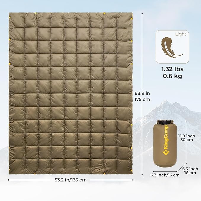 KingCamp Ultralight Camping Blanket, Packable Down Alternative Puffy Wearable Blankets Weatherproof Warm Package Quilt with Snap Buttons for Outdoor Hiking Travel Picnic Stadium (69" x 53", OLIVE)