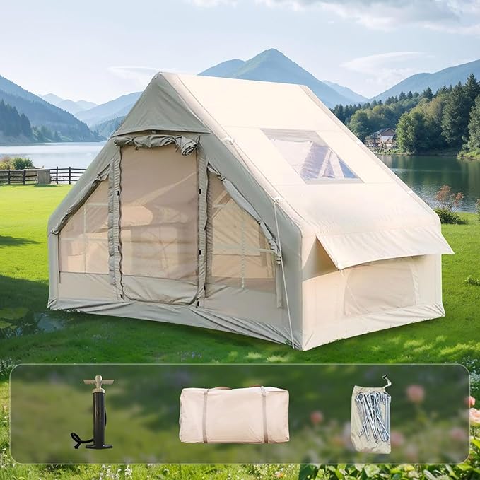 Inflatable Camping Tent with Pump,4-6 Person Waterproof Blow Up Air Tent for Camping Hiking,Easy to Set Up 4-Season Inflatable House Tent with Oversized Canopy.