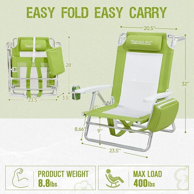 Reclining Beach Chair Backpack 5-Position Lay Flat Lounge Chair for Adults Heavy Duty Portable Folding Lightweight with Cooler Bag Camping Chair for Sand Outdoor