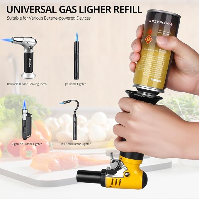 TBTeek Torch Lighter with Butane Included, T907 Butane Torch with 180ml Fuel Refill, Refiilable Kitchen Torch Lighter with Adjustable Flame for BBQ, Brulee Creme, Crafts and Soldering (1 Can)