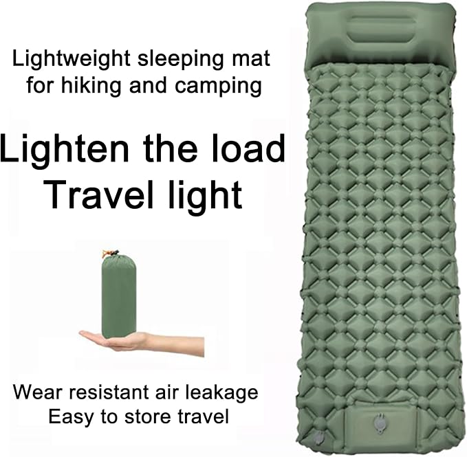 Ultralight Inflatable Camping Sleeping Pad – Compact Built-in Pillow,Waterproof & Durable –Connects to Double Bed and Ideal for Camping, Hiking & Outdoor Adventures (Green)