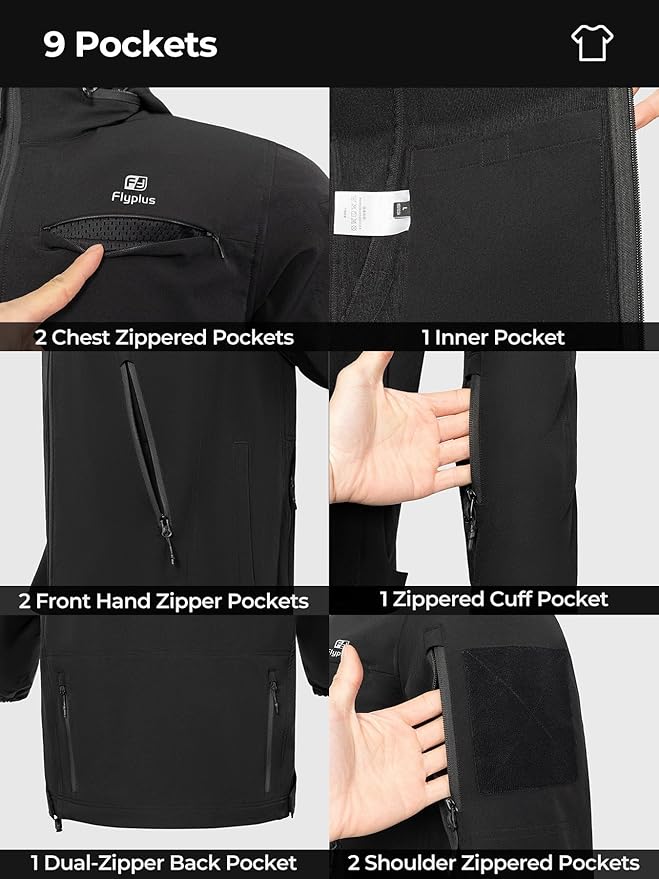 Men’s Tactical Jacket Lightweight Hooded Windbreaker Water Resistant Stretch Breathable 9 Pockets Outdoor Work Coat