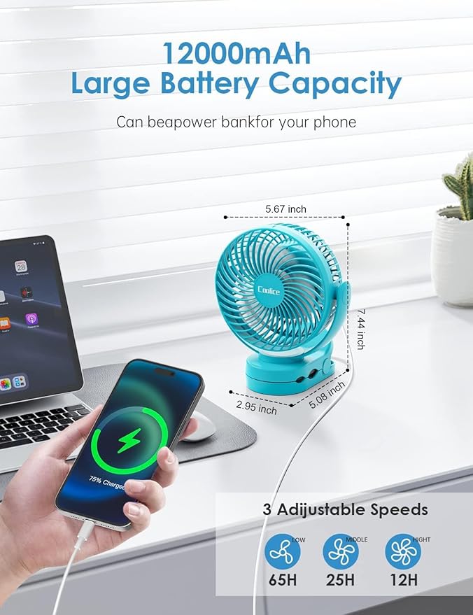 Camping Fan with Remote Control - 12000mAh Rechargeable Battery Powered Fan, Camping Fans for Tents with LED light & Hanging Hook, Rechargeable Battery Operated Ceiling Fans for Tent RV Bed, Blue