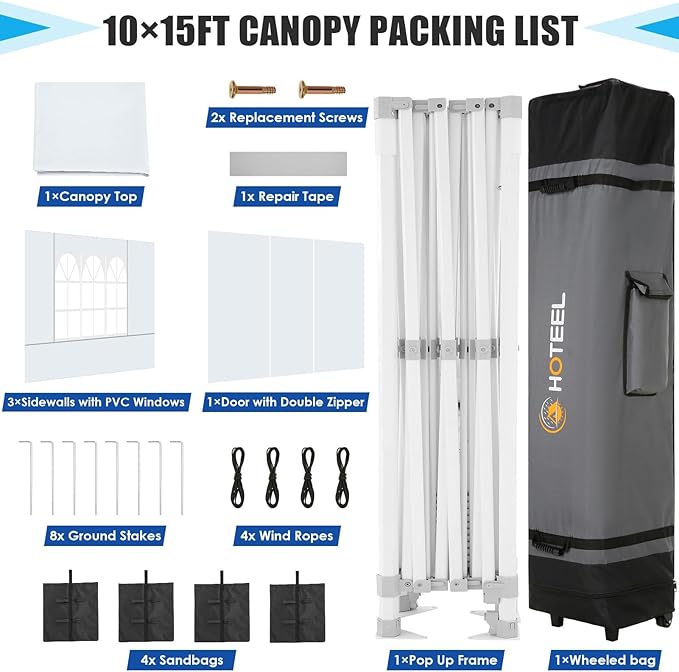 HOTEEL Canopy Tent 10x15 Heavy Duty Pop Up Canopy with Sidewalls, Party Tent with Roller Bag for Event Wedding, Upgraded Commercial Waterproof Instant Canopy, Thick Hexagonal Legs, UPF50+, White