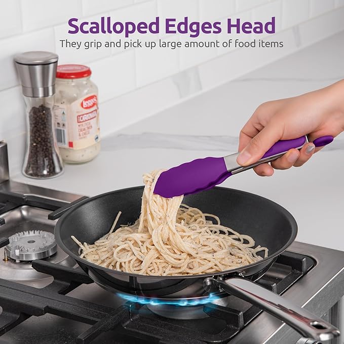 600ºF Heat Resistant Kitchen Tong: U-Taste 7 inch Silicone Cooking Tong with Firm Sealed Non Stick Rubber Tips & Silicon Coated 18/8 Stainless Steel Handle & Smooth Locking for Serving Salad (Purple)