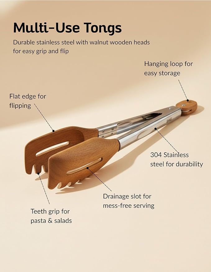 3-in-1 Kitchen Tongs & Pasta Server – 12 Inch Walnut Multifunction Tongs with Slotted Forked & Flat Tips for Pasta, Salad, Grilling and More – Elegant, Heat-Resistant Food Tongs for Home Cooks & Chefs