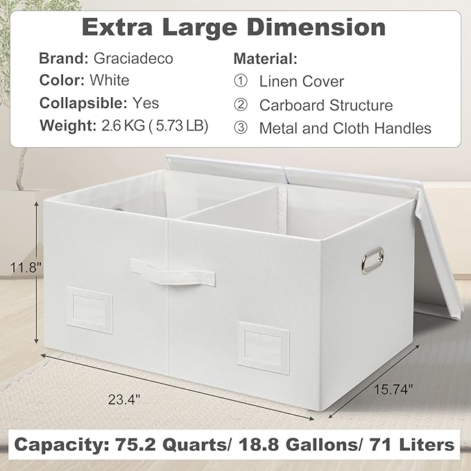 75 Quarts Extra Large Decorative Storage Bins with Lids, 3 Packs White Collapsible Storage Bins with Lids, Stackable Storage Bins Decorative Box Storage With Lid Extra Large