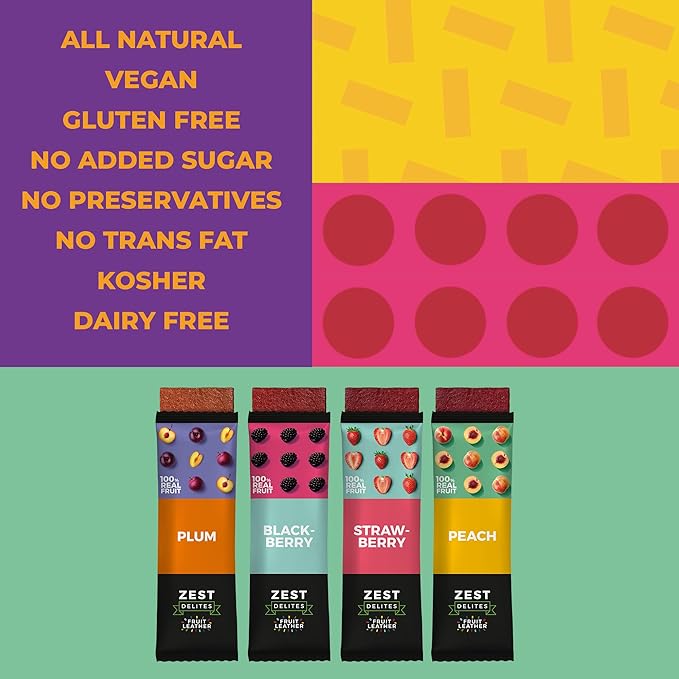 Fruit Snacks by Zest Delites, Fruit Leather, Healthy Snacks for Adults & Kids, Vegan Apple-Based Strips, Dried Strawberry-Peach-Blackberry-Plum Bars, 0.88 oz x 36