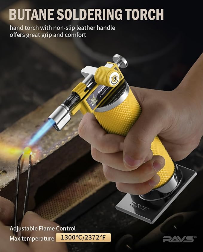 RAVS 2 Flame Mode Butane Torch Lighter, Refillable Kitchen Torch with Adjustable Flame and Safety Buckle, Yellow Jewelry Torch for Welding, Resin Art, Industrial, Butane Fuel not Include