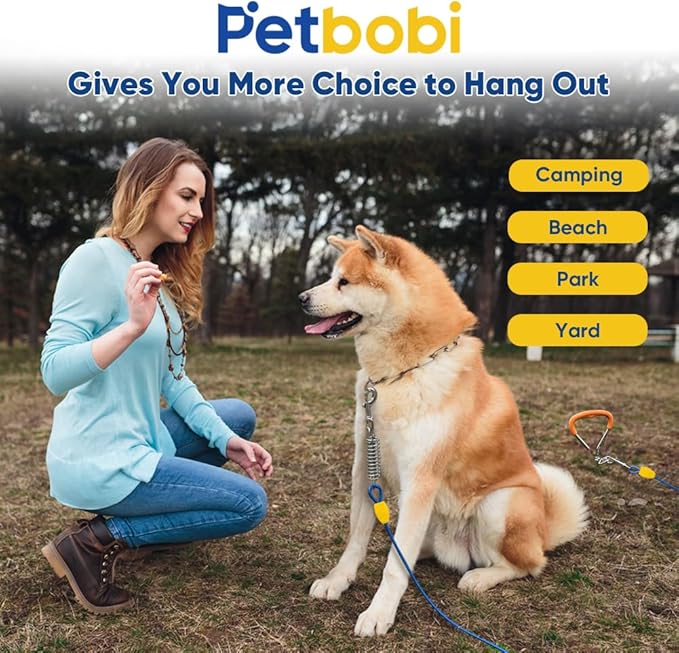 Petbobi Dog Tie-Out Cable and Stake - 30ft Heavy Duty Cable with Spring, No Tangle, 16in Ground Stake, Ideal for Yard, Camping and Beach, Suitable for Small Medium Large Dogs Up to 120 lbs, Blue