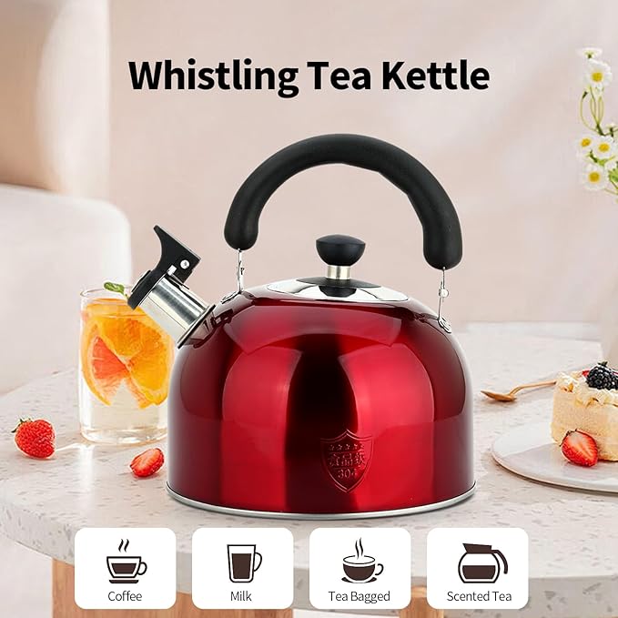 3.75 Quart/4L Whistling Tea Kettle,Stainless Steel Teakettle Teapot for Stovetop,Vintage Tea Kettles with Touch Ergonomic Handle(Red)