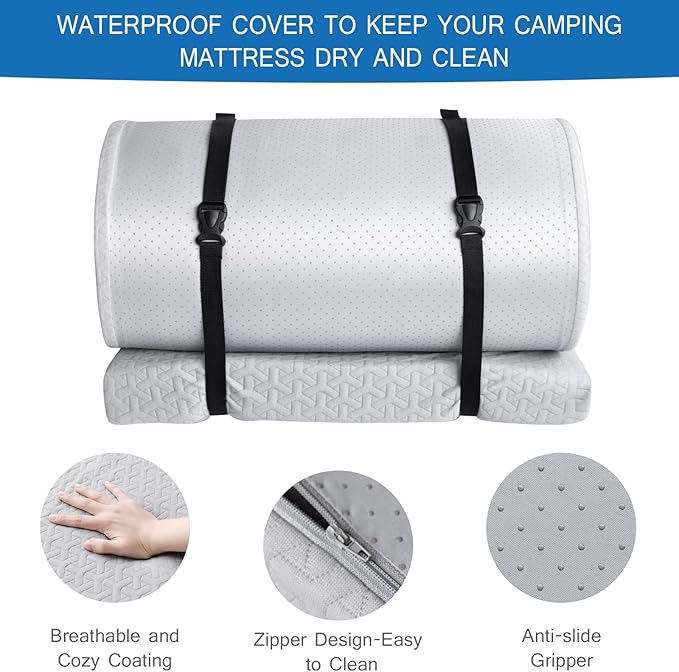 Memory Foam Camping Mattress Pad 3 Inch Thick, Portable Sleeping Pad with Waterproof Cover, Portable Roll Up Cot Mattress Pad Floor Mat for Travel Truck Bed Tent, 72"×24"×3", Light Gray