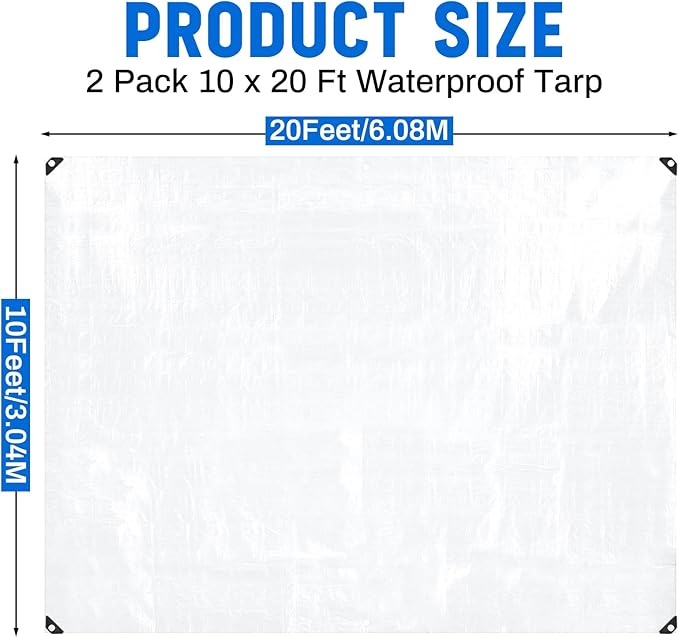 2 Pack 10 x 20 ft 5.5 Mil Large Tarps Heavy Duty Waterproof Tarp Multi Purpose Tent Cover for Home Boats Cars Camping Patio Furniture Roof Emergency Rain Protective Cover, White