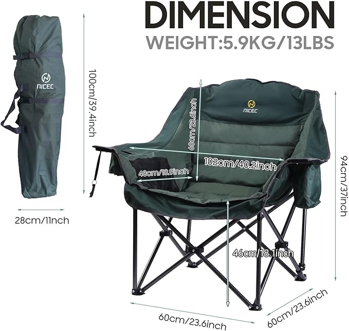 Nice C Heated Camping Chairs with Battery, Outdoor Heated Chair, Oversized XL Padded Camping Chair, Camp Chairs, Wide&Thick, Heavy Duty 400lb, Carry Bag, Cupholder & Cooler (Two Green)