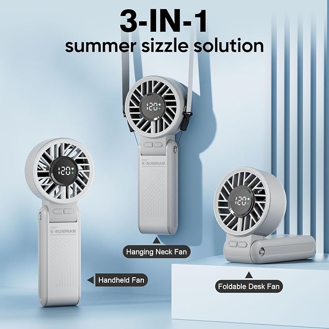 Portable Handheld Fan , 4000mAh Rechargeable Personal mini Fan, 3 IN 1 Foldable Mini Desk Fan with 6 Wind Speed, LCD Digital Display, Lanyard as Neck Fan, Ultra Quiet, Pocket Size for Women(Gray)