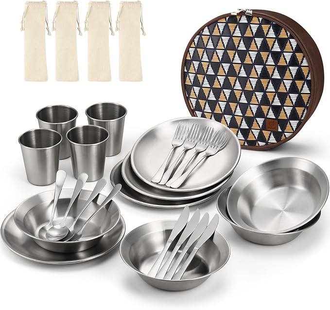 Odoland Stainless Steel Camping Mess Kit for Family & Person, Cooking Tableware Utensils with Plates Bowls Forks Spoons Knives & Savings Bag for Camping, Backpacking, Hiking, Picnic