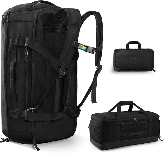 Haimont 60L Foldable Duffle Bag Backpack with Shoe Compartment, Large Travel Duffel for Gym, Sports, Luggage, Camping, Men & Women, Black