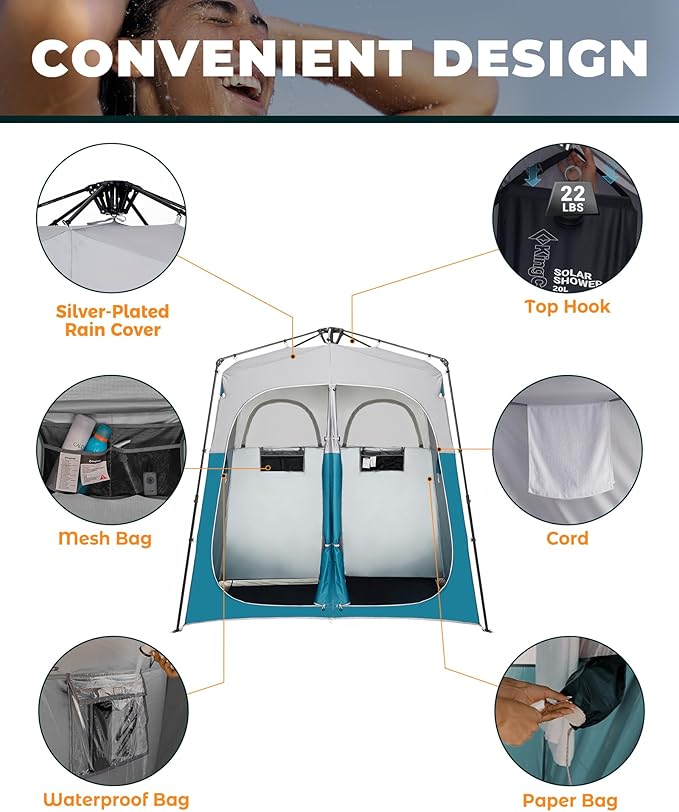 KingCamp Instant Shower Tent, Portable Superior Stable Privacy Shelter, 2 Large Rooms Outdoor Toilet Tent with Floor for Beach, Camping & Hiking, Setup in Under 60s